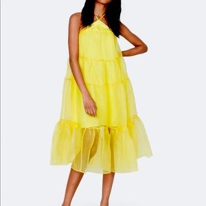 Staud mila yellow tulle halter neck midi dress